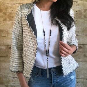 THE LIMITED Black And Cream Tweed With Sequin 3/4 Sleeve Blazer